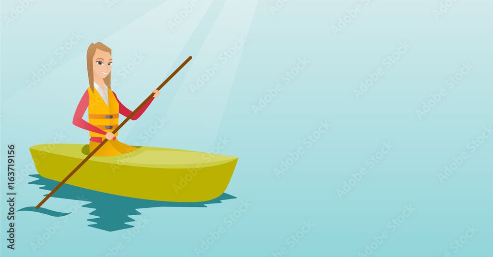 Young caucasian woman travelling by kayak.