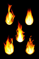 five fire balls isolated on black
