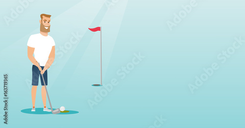 Young caucasian golfer hitting a ball.