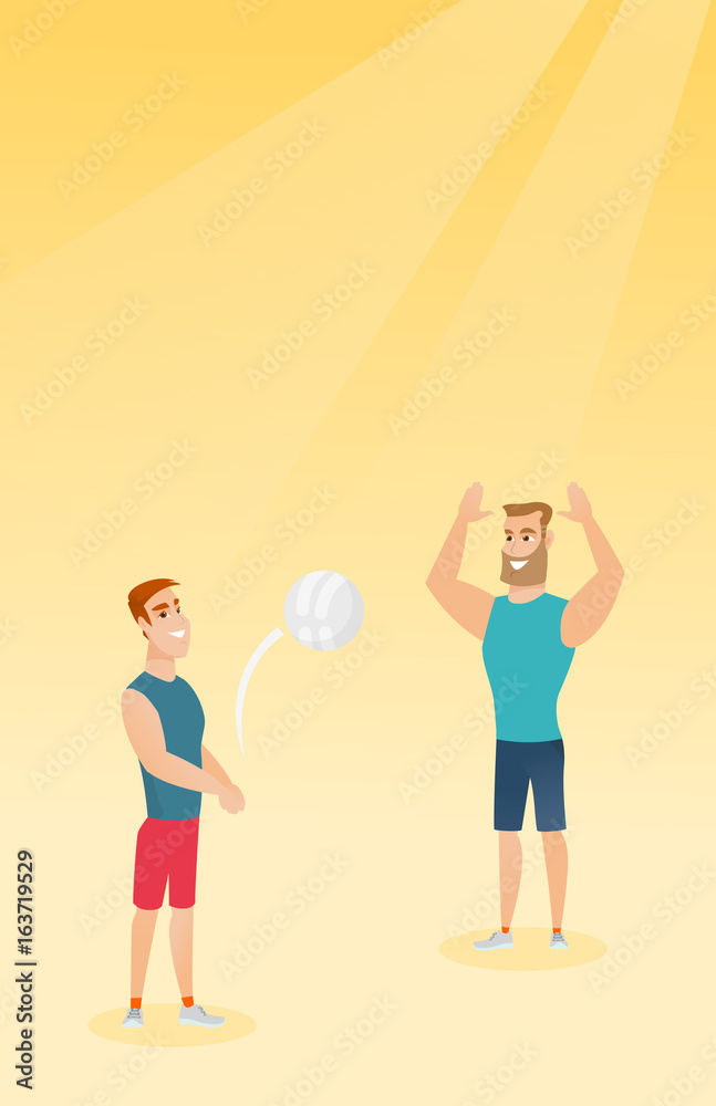 Two caucasian men playing beach volleyball. Two caucasian men playing beach volleyball.
