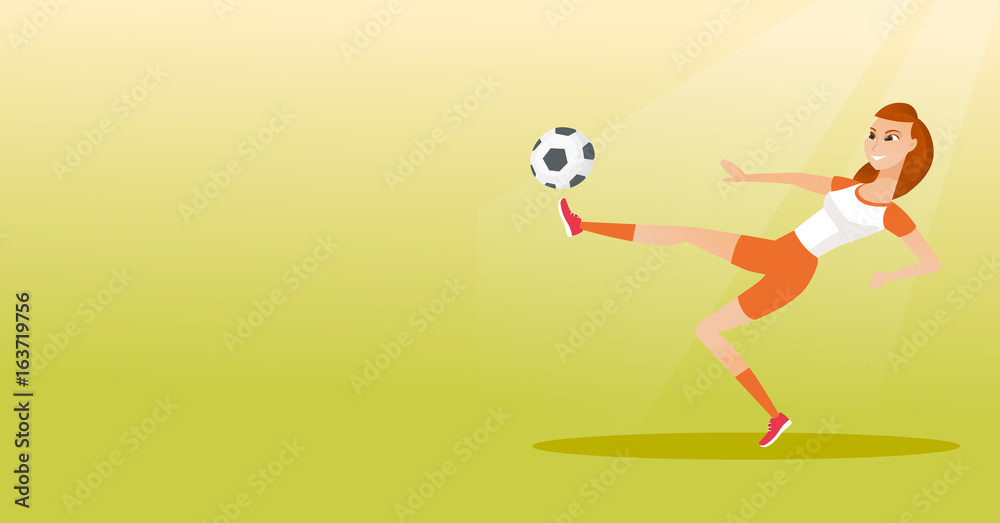 Young caucasian soccer player kicking a ball.