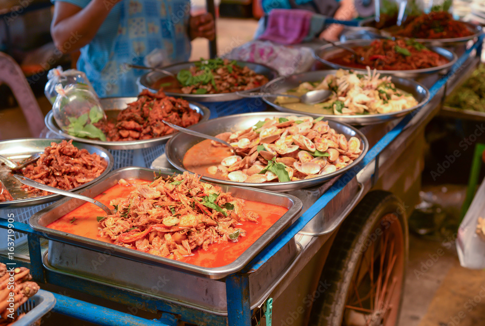 Thai street food on barrow in fresh market.
