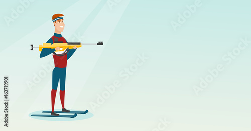 Young caucasian biathlon runner aiming at target.