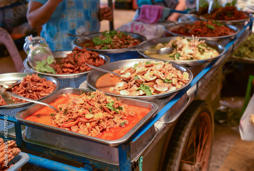 Thai street food on barrow in fresh market.
