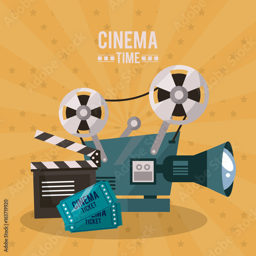 colorful poster of cinema time with movie film projector and clapperboard and tickets