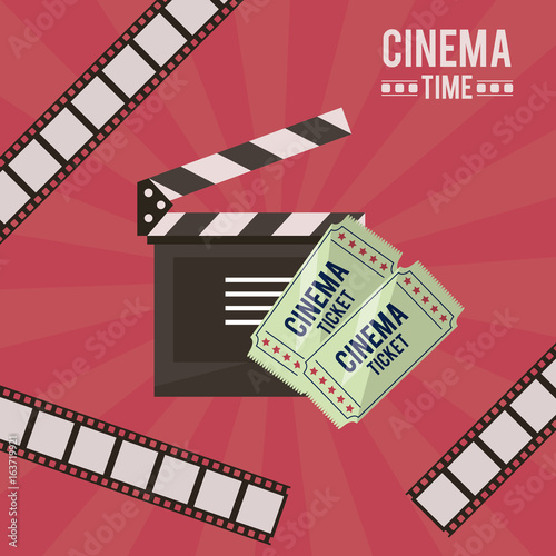 colorful poster of cinema time with film tape in background and clapperboard and tickets