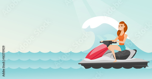 Caucasian woman riding on water scooter in the sea
