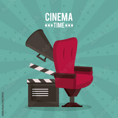 colorful poster of cinema time with clapperboard and chair and director megaphone