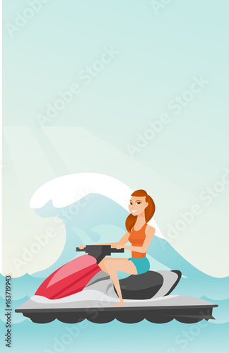 Caucasian woman riding on water scooter in the sea