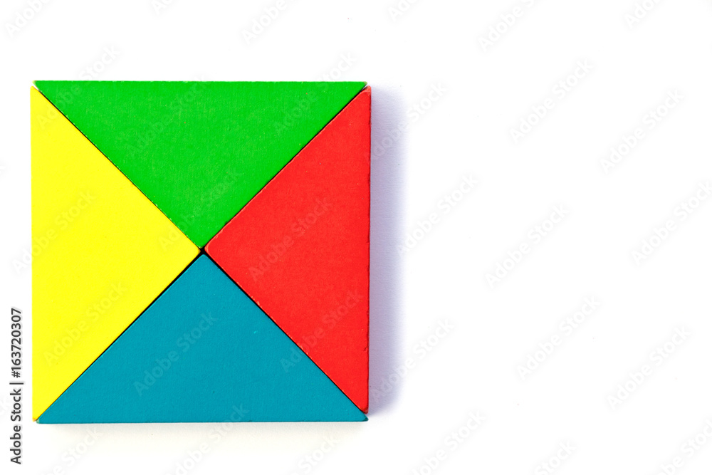 Wooden colorful toy block in triangle shape build to square design on white background Wooden colorful toy block in triangle shape build to square design on white background