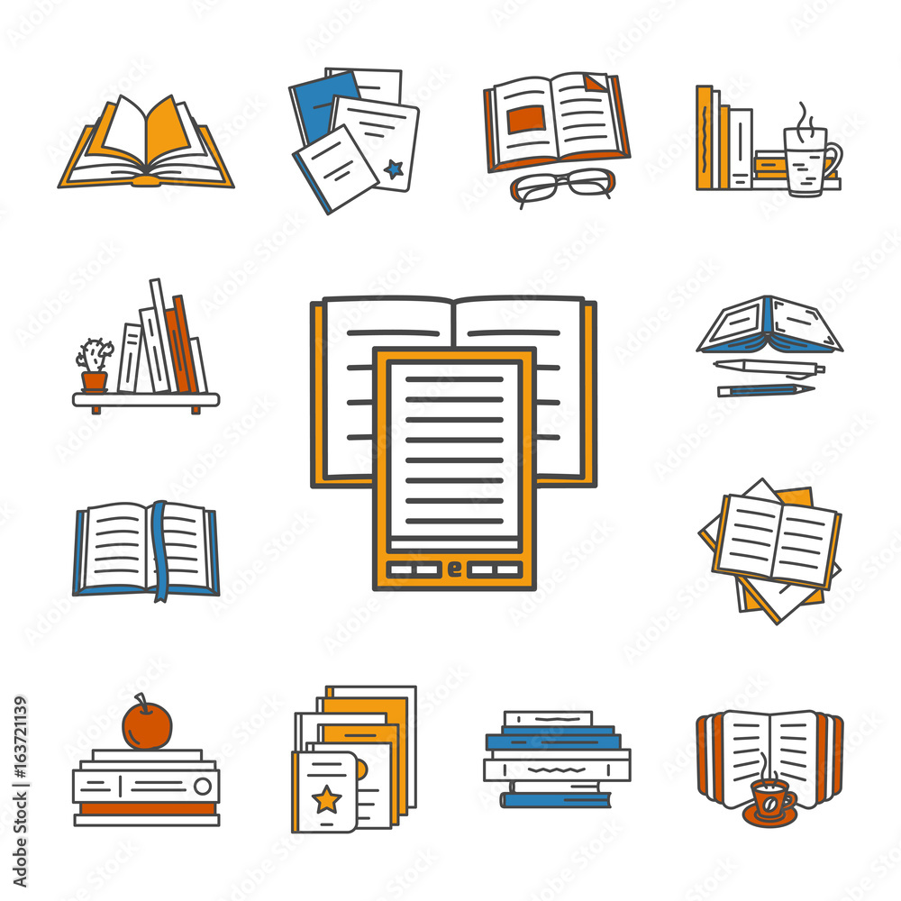Thin lined book icons set. Thin lined book icons set.