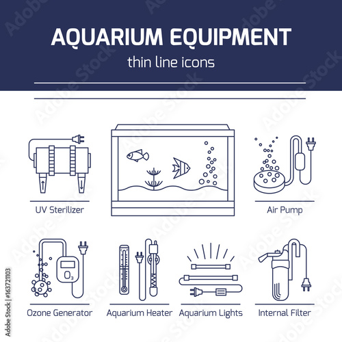 Thin line vector icons - aquarium equipment