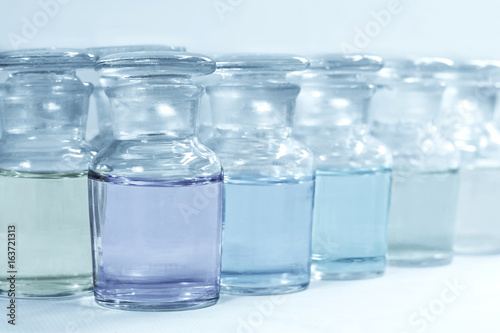 Vintage glass bottles for pharmacy bottles and science laboratory.