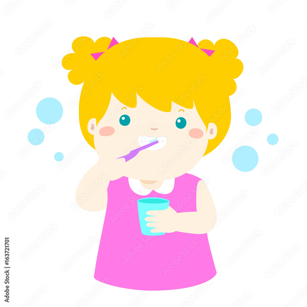 Happy girl brushing teeth cartoon vector.