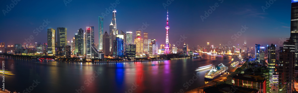 Fototapeta premium Aerial photography at Shanghai Skyline of panorama of night scene