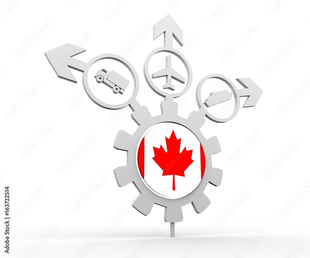 Delivery emblem design. Truck, airplane and ferry boat icons on destination arrows. Flag of the Canada in the center of gear. 3D rendering Delivery emblem design. Truck, airplane and ferry boat icons on destination arrows. Flag of the Canada in the center of gear. 3D rendering