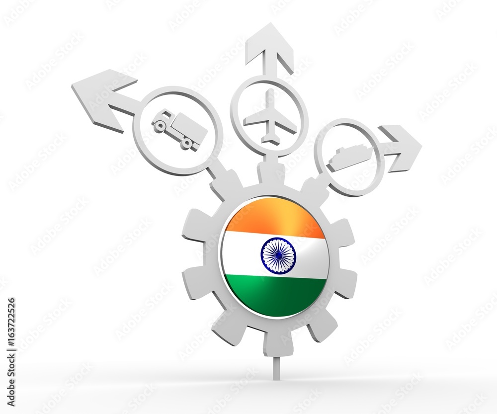Delivery emblem design. Truck, airplane and ferry boat icons on destination arrows. Flag of the India in the center of gear. 3D rendering Delivery emblem design. Truck, airplane and ferry boat icons on destination arrows. Flag of the India in the center of gear. 3D rendering