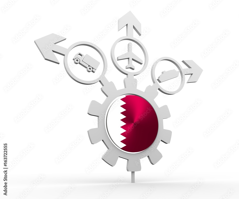 Delivery emblem design. Truck, airplane and ferry boat icons on destination arrows. Flag of the Qatar in the center of gear. 3D rendering