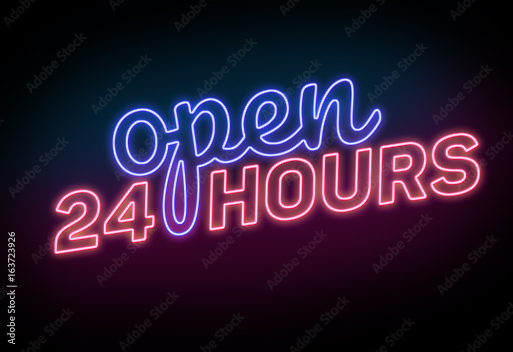 Open 24 Hours Sign on the Black Background