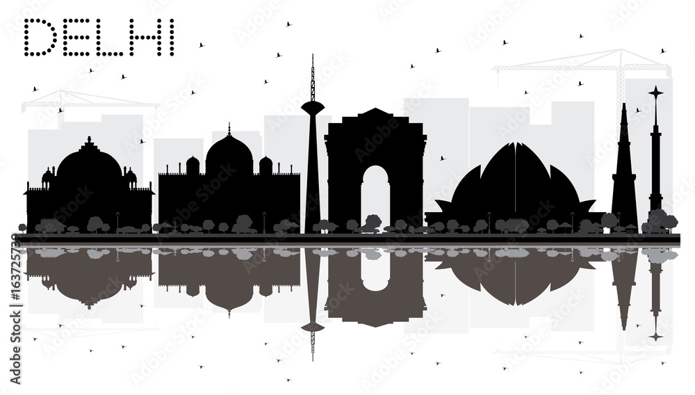 Obraz premium Delhi City skyline black and white silhouette with reflections.