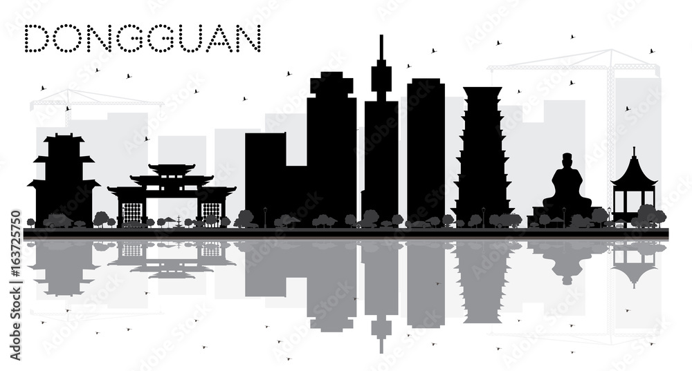 Dongguan City skyline black and white silhouette with reflections.