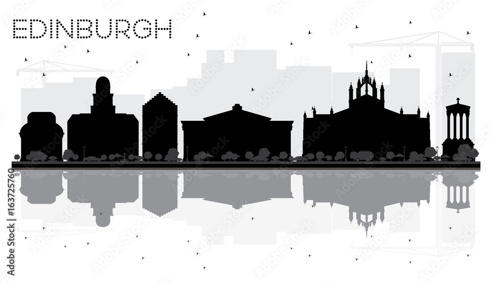 Obraz premium Edinburgh City skyline black and white silhouette with reflections.
