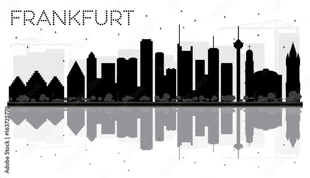 Obraz premium Frankfurt City skyline black and white silhouette with reflections.