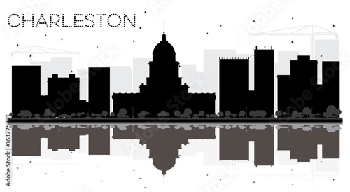 Charleston City skyline black and white silhouette with reflections.