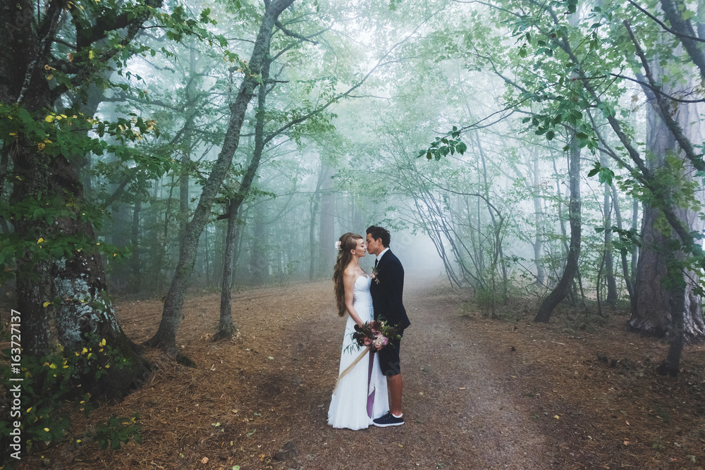 Fototapeta premium Bride and groom walking in autumn forest. Amazing autumn fog and mystery mood. Beautiful nature around