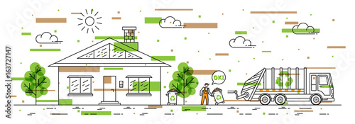 House and garbage truck with recycle sign vector illustration with colorful elements. Dustman carries out rubbish bin line art concept. Refuse collector removes garbage near by house graphic design.