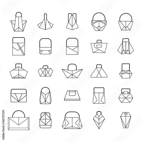 Set of different women fashionable origami handbag and bags. Flat vector cartoon illustration. Objects isolated on a white background.
