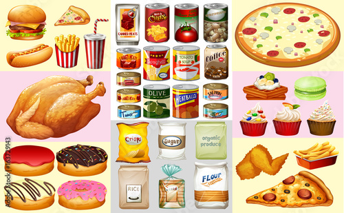 Different types of canned food and desserts