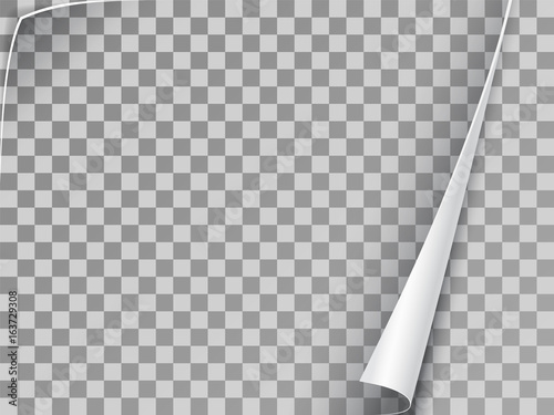 Curled corner of paper. Slightly opened book page. Realistic vector element on transparent background.