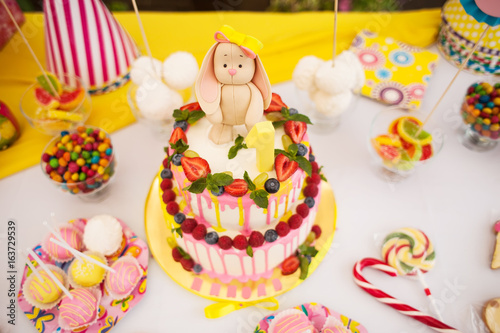 The two-storey cake for children's birthday with a hare