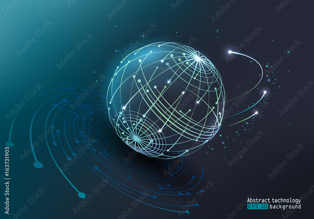 Fototapeta premium Vector glowing light effect. Abstract image of a planet made of dots and lines. Stars, comets and satellites. Digital space. Communication, Internet and technology. Blue background.