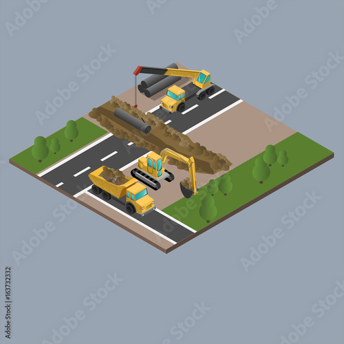 Yellow big digger builds roads gigging of hole ground and set tubes