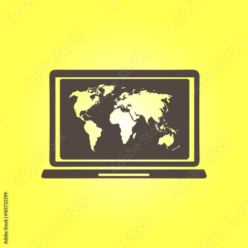 Laptop and world map illustration. World map geography symbol.  Flat design style. 