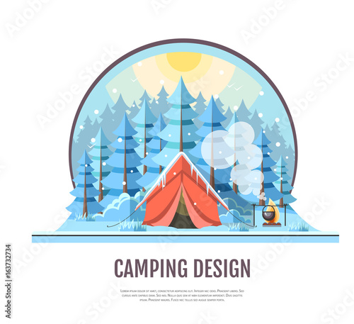 Flat style design of winter forest landscape and camping tent