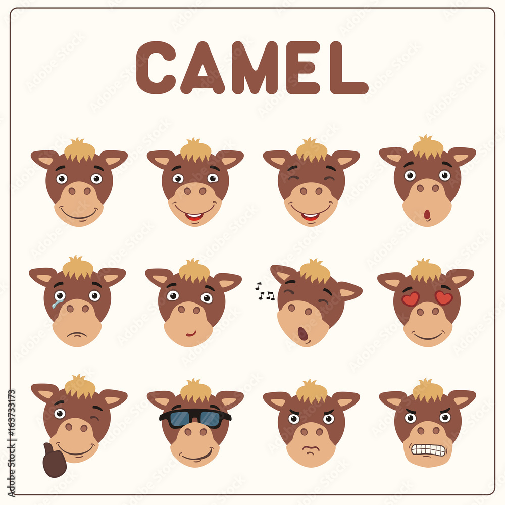 Emoticons set face of camel in cartoon style. Collection isolated funny muzzle camel with different emotion. Emoticons set face of camel in cartoon style. Collection isolated funny muzzle camel with different emotion.