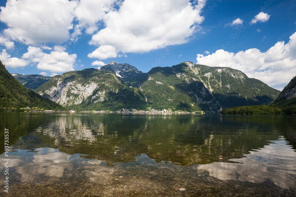 Alpine mountain lake summer panoramic view