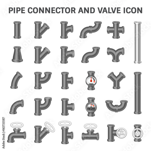 Vector icon of steel pipe connector and valve for plumbing work.