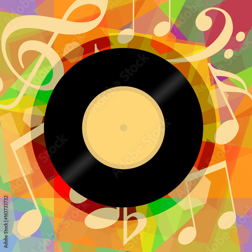 Musical background with vinyl record and music notes
