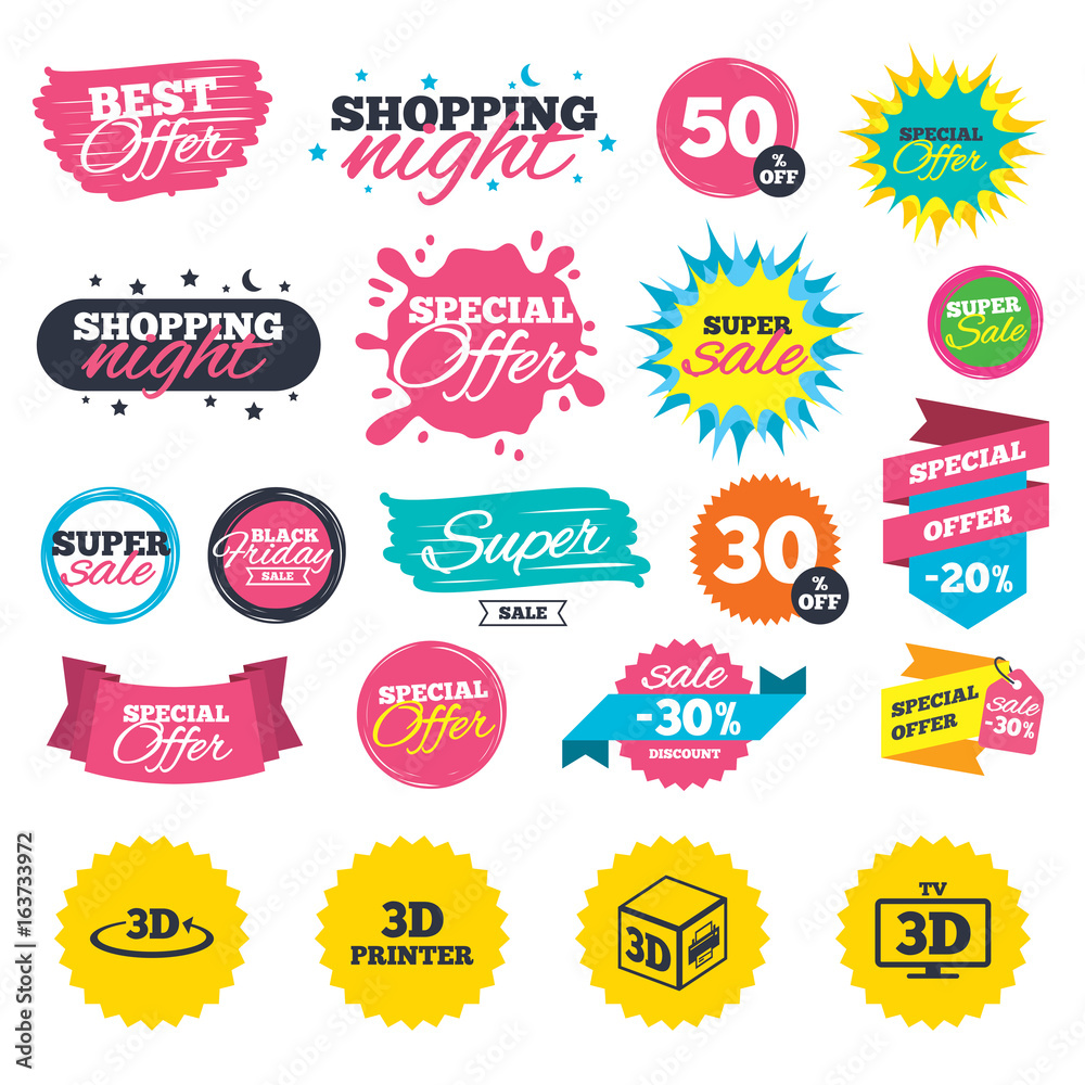 Sale shopping banners. 3d technology icons. Printer, rotation arrow sign symbols. Print cube. Web badges, splash and stickers. Best offer. Vector