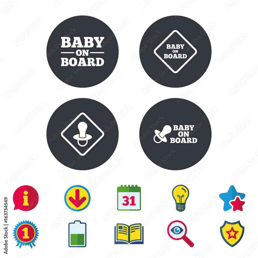 Baby on board icons. Infant caution signs. Nipple pacifier symbol. Calendar, Information and Download signs. Stars, Award and Book icons. Light bulb, Shield and Search. Vector Baby on board icons. Infant caution signs. Nipple pacifier symbol. Calendar, Information and Download signs. Stars, Award and Book icons. Light bulb, Shield and Search. Vector