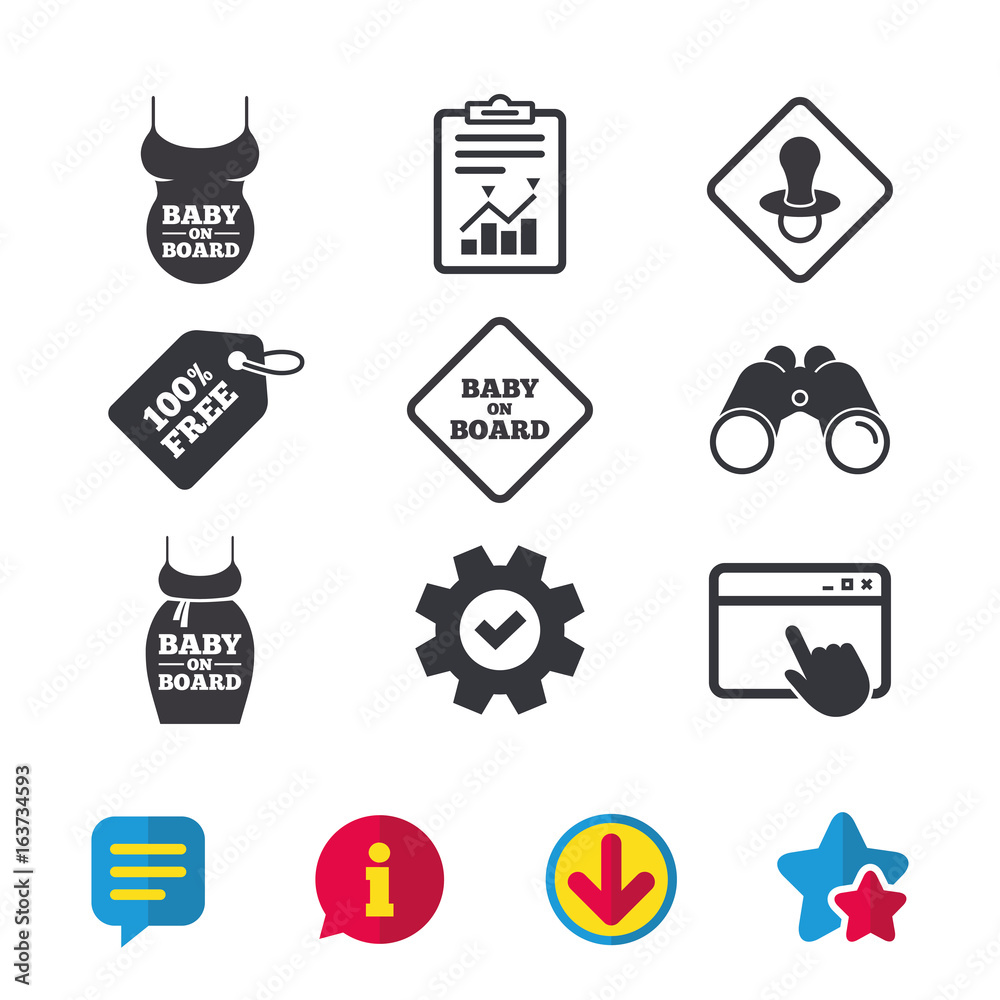 Baby on board icons. Infant caution signs. Child pacifier nipple. Pregnant woman dress with big belly. Browser window, Report and Service signs. Binoculars, Information and Download icons. Vector Baby on board icons. Infant caution signs. Child pacifier nipple. Pregnant woman dress with big belly. Browser window, Report and Service signs. Binoculars, Information and Download icons. Vector