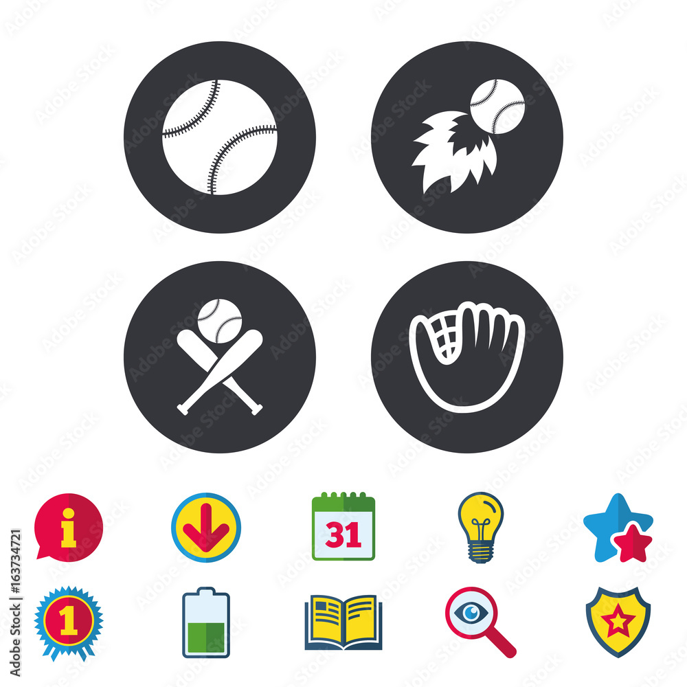 Baseball sport icons. Ball with glove and two crosswise bats signs. Fireball symbol. Calendar, Information and Download signs. Stars, Award and Book icons. Light bulb, Shield and Search. Vector
