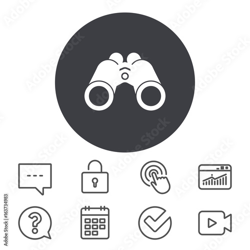 Binoculars icon. Find software sign. Spy equipment symbol. Calendar, Locker and Speech bubble line signs. Video camera, Statistics and Question icons. Vector