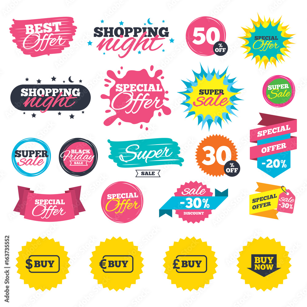 Sale shopping banners. Buy now arrow icon. Online shopping signs. Dollar, euro and pound money currency symbols. Web badges, splash and stickers. Best offer. Vector