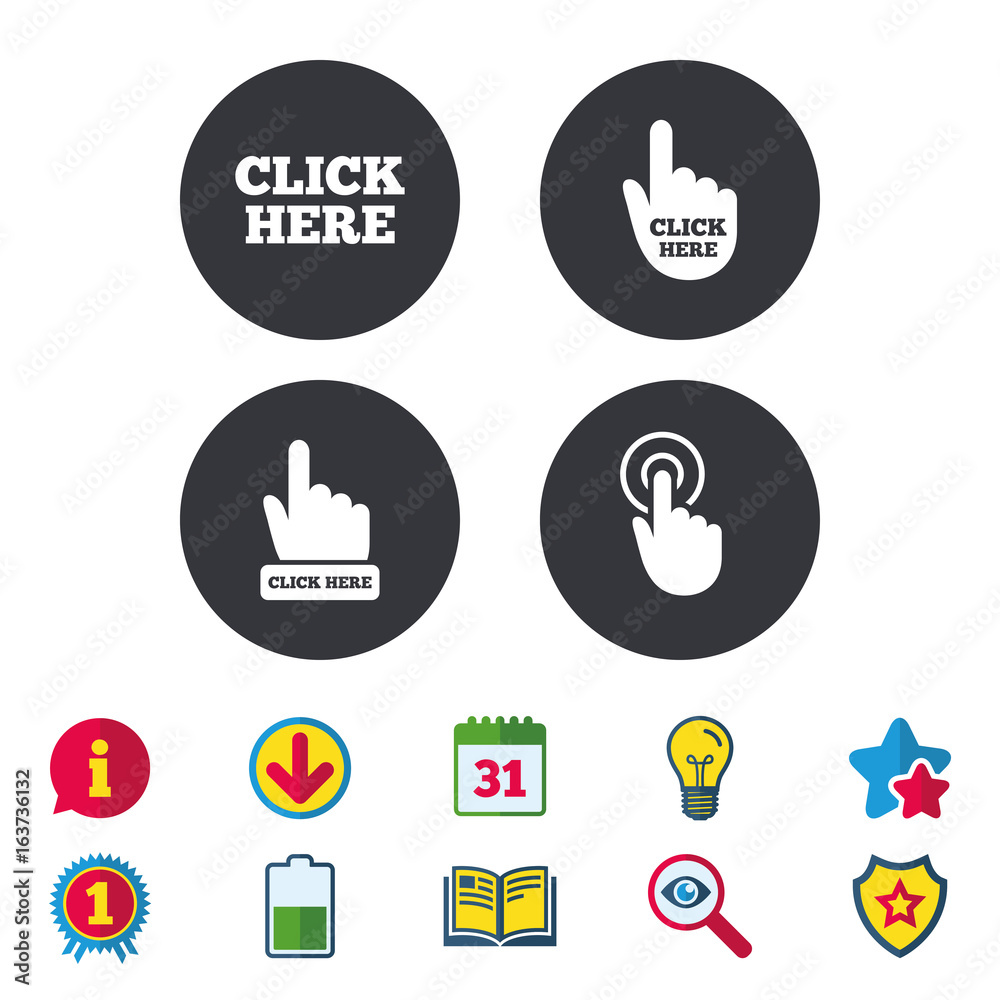 Click here icons. Hand cursor signs. Press here symbols. Calendar, Information and Download signs. Stars, Award and Book icons. Light bulb, Shield and Search. Vector Click here icons. Hand cursor signs. Press here symbols. Calendar, Information and Download signs. Stars, Award and Book icons. Light bulb, Shield and Search. Vector