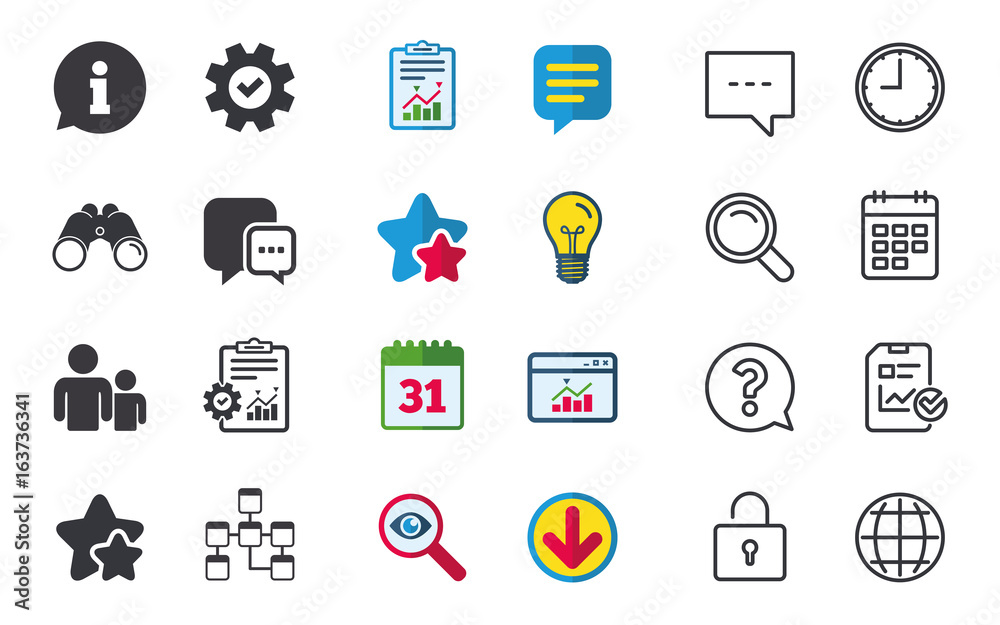 Information sign. Group of people and database symbols. Chat speech bubbles sign. Communication icons. Chat, Report and Calendar signs. Stars, Statistics and Download icons. Question, Clock and Globe Information sign. Group of people and database symbols. Chat speech bubbles sign. Communication icons. Chat, Report and Calendar signs. Stars, Statistics and Download icons. Question, Clock and Globe